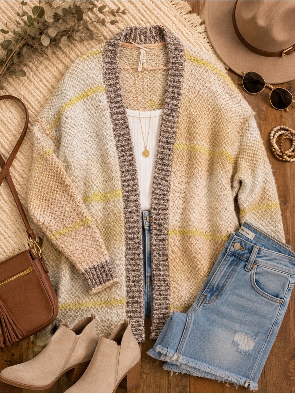 Free People Chunky Knit Open Front Cardigan Cream Yellow Boho Oversized Small